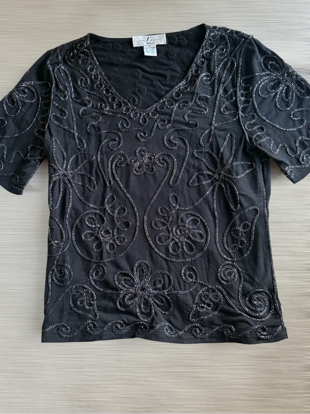 Once Again Petite Beaded Black V-Neck Women's Top!